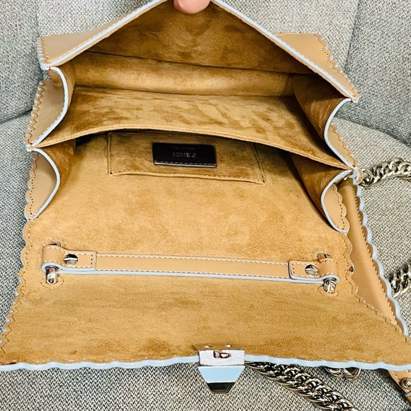 Fendi Kan Bag w/ Blue Scalloped Edging, Convertible Chain Strap & Suede Interior - Picture 10 of 15